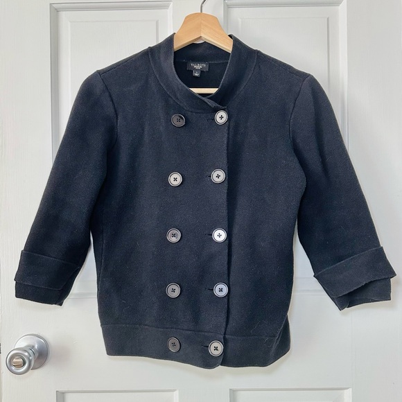 Talbots Black Double Breasted Knit Sweater Jacket 3/4 Sleeve Size L Petite - Picture 1 of 8